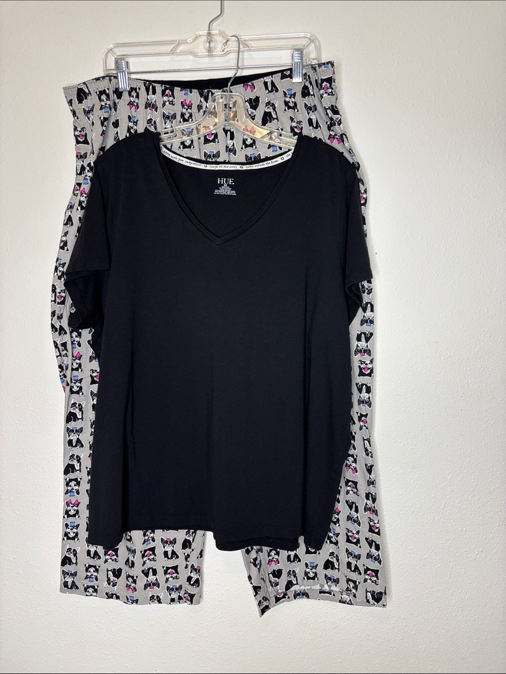 HUE Black V‑Neck Top with Gray French Bulldog Print Pajama Pants